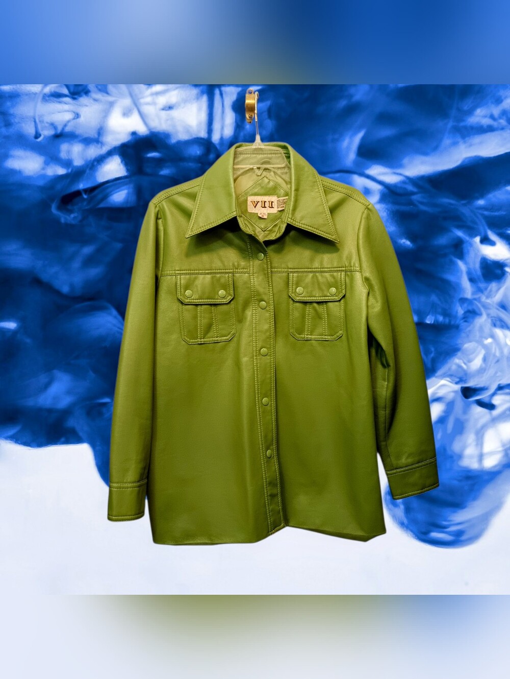 Vintage 70s 80s Avocado Lime Green Faux Leather Shacket Jacket XL Made in Korea